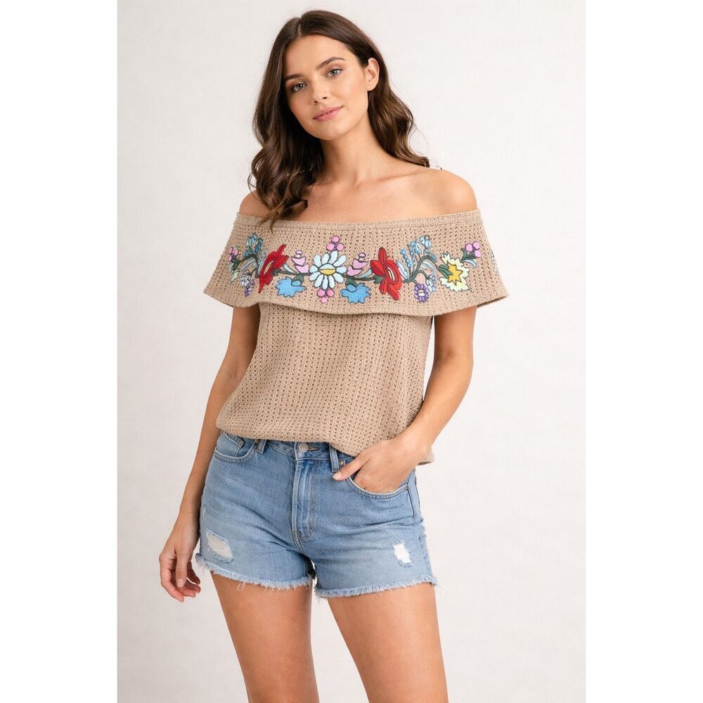 Judith March Off Shoulder Embroidered Crochet Boho Top Small